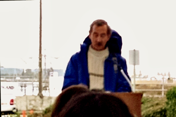 Clyde Morris, former manager of Don Edwards San Francisco Bay National Wildlife Refuge, speaking at the occasion of Bair Island Restoration Celebration on Dec 10, 2015. Photo courtesy Ceal Craig. Copyright CC-BY-SA 3.0